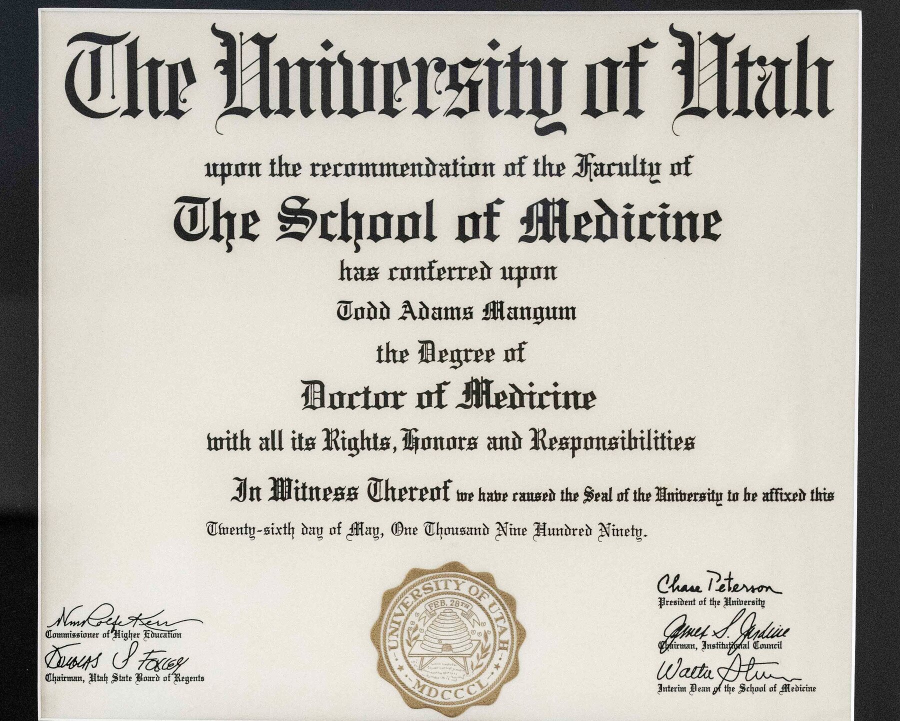 Doctor of Medicine diploma, University of Utah School of Medicine