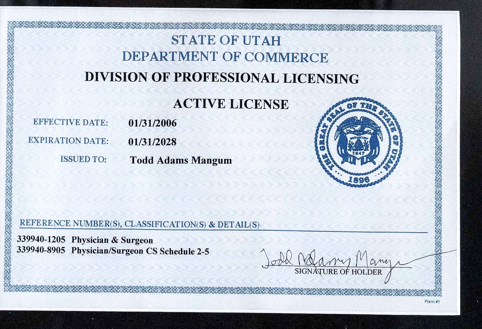 State of Utah active medical license for Todd Adams Mangum