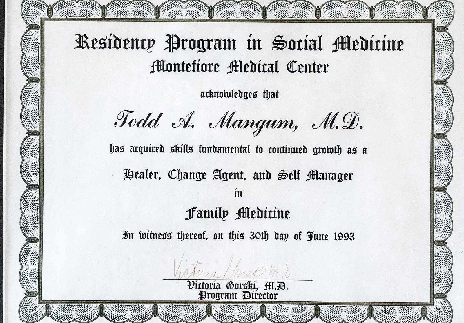 Family Medicine residency certificate, Montefiore Medical Center